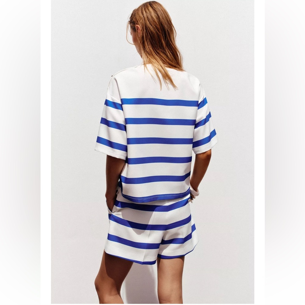 Zara Blue and White Striped Women Shorts - Picture 4 of 5